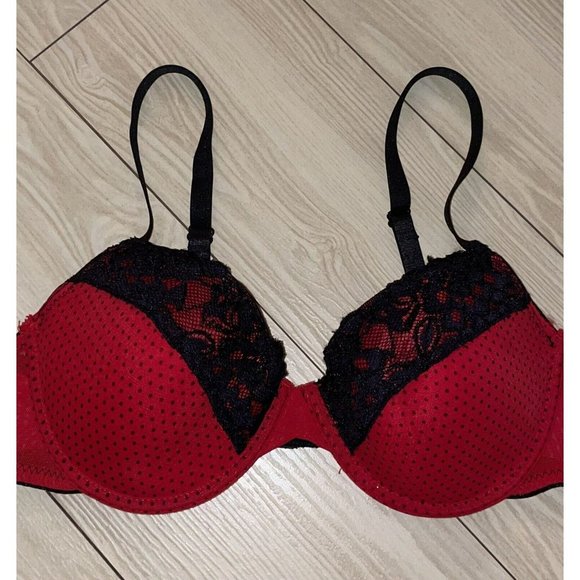 Jezebel R1136 Lined Bra Underwire Micro Dot Lave Trim Womens 34B Red Black - Picture 3 of 7